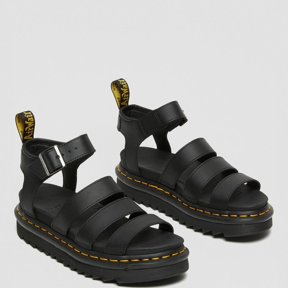 Dr. Martens Shoes - Black Strappy Sandals with Yellow Stitching